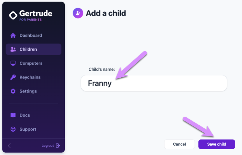 Enter your child's name, and click 'save'