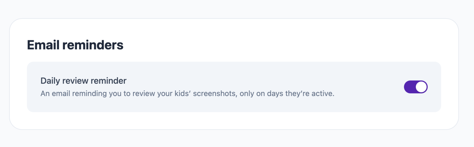 The Email reminders settings section with the Daily review reminder toggle switched on