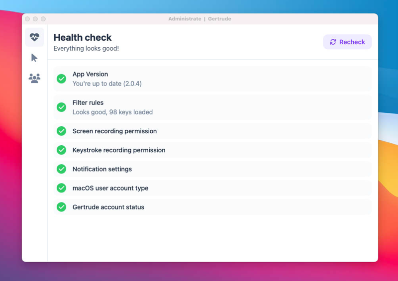 The admin-only 'Health check' screen.