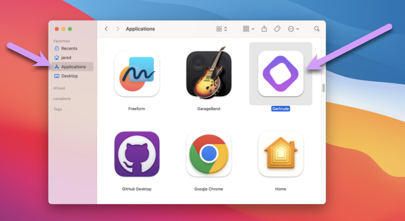Open 'Applications' and double-click to launch Gertrude for the first time