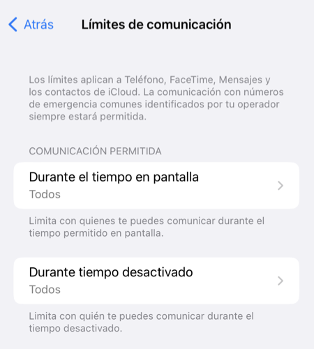 Bloquear un iPhone: la pantalla interna de configuración para los límites de comunicación del tiempo de pantalla