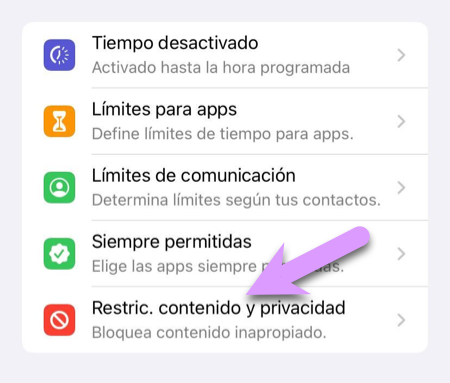Bloquear un iPhone: el área Tiempo de pantalla > Restricciones de contenido y privacidad es donde se encuentran la mayoría de los controles y configuraciones importantes