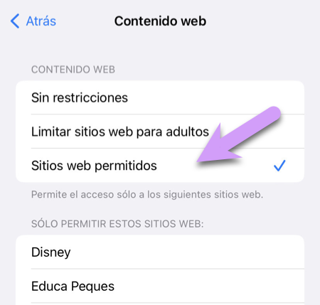 Bloquear un iPhone: Restricciones de contenido > El contenido web debe configurarse como 'Sitios web permitidos'