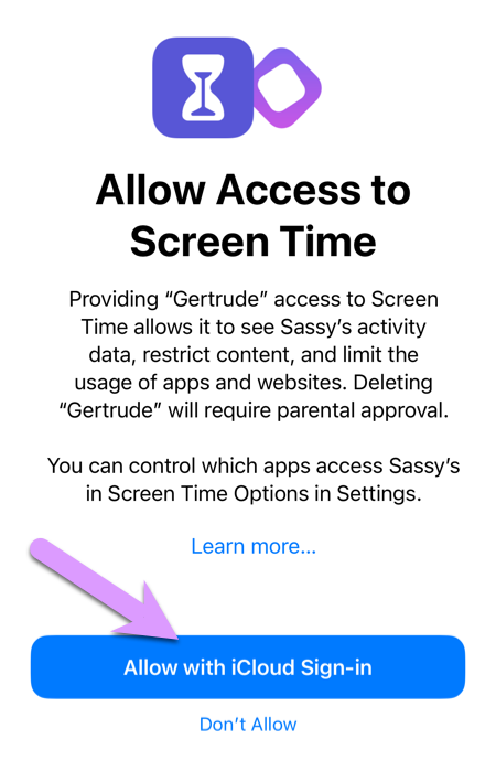 Click 'Continue' to allow access to Screen Time