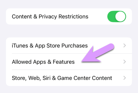 locking down an iPhone: Content & Privacy Restrictions > Allowed Apps & Features