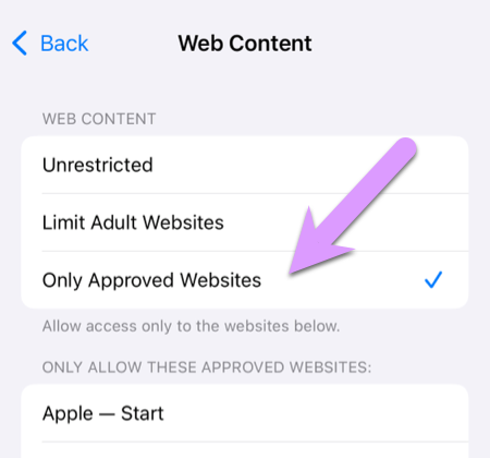 locking down an iPhone: Store, Web, Siri & Game Center > Web Content should be set to 'Only Approved Websites'