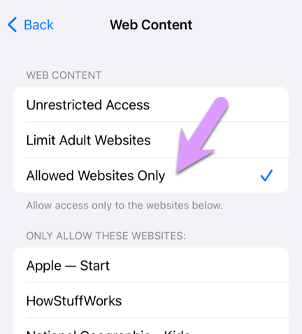 locking down an iPhone: Content Restrictions > Web Content should be set to 'Allowed Websites Only'