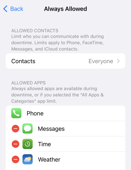 locking down an iPhone: Always Allowed settings let you pick apps that are not subject to Downtime schedule restrictions
