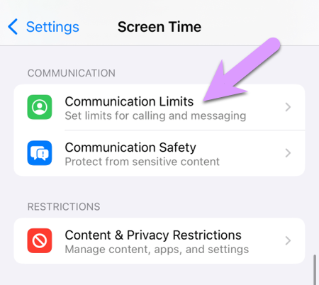 locking down an iPhone: Communication Limits settings