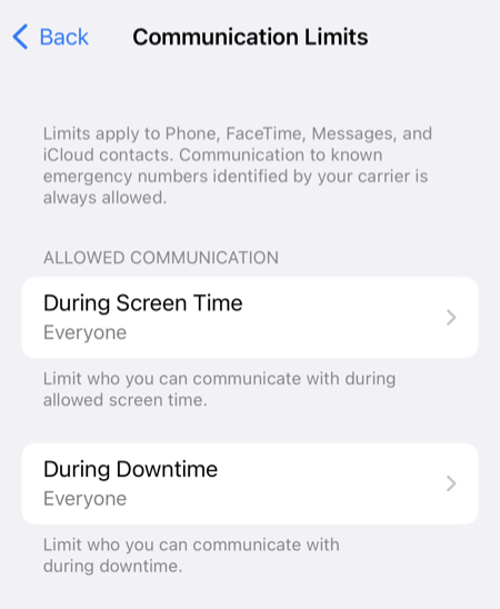 locking down an iPhone: the inner screen of settings for Screen Time Communication Limits