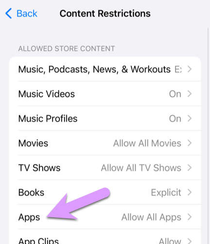 locking down an iPhone: the 'Apps' section of Content Restrictions has to do with app age ratings
