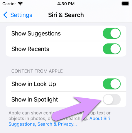 what you forgot locking down your kid's iPhone: diable 'Show in Spotlight'