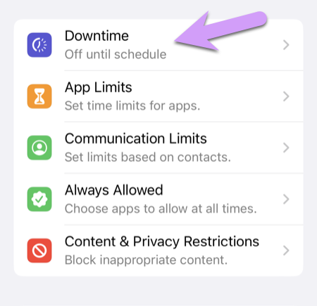 locking down an iPhone: 'Downtime' controls, used to specify schedules for permitted activity