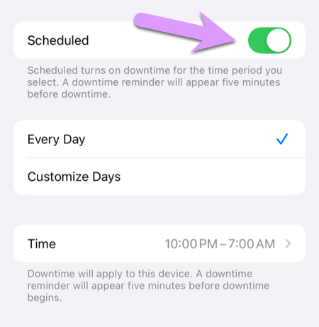 locking down an iPhone: tap to enable scheduled Downtime