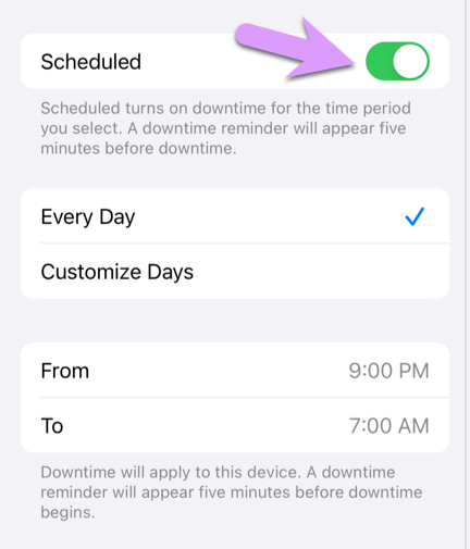 locking down an iPhone: tap to enable scheduled Downtime