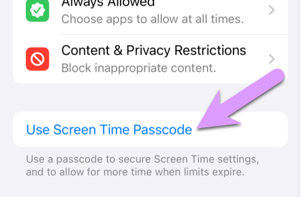 locking down an iPhone: click 'Use Screen Time Passcode' and set a totally unique 4-digit code