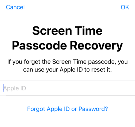 locking down an iPhone: enter your Apple ID to allow for Screen Time passcode recovery