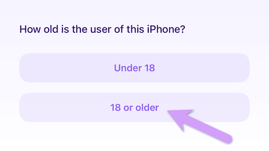 the Gertrude Blocker app asking how old the user of the iPhone is, with an 18 or older option