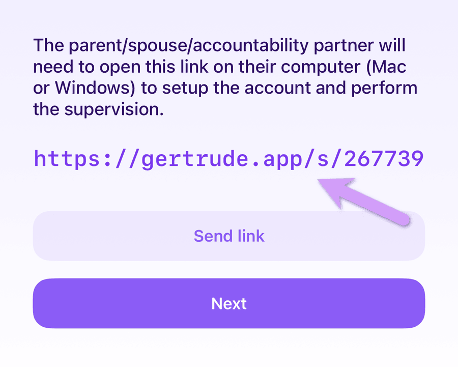 the Gertrude Blocker app showing the claim code link to open on a computer