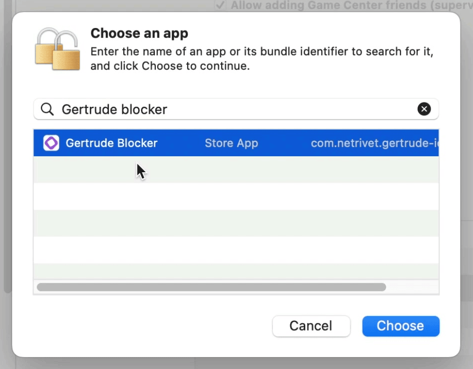 the Choose an app dialog in Apple Configurator with Gertrude Blocker found by searching