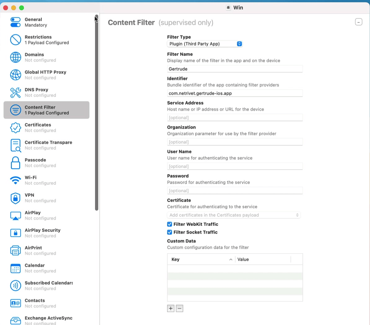 the Content Filter payload in Apple Configurator set to Plugin Third Party App, named Gertrude, with the identifier com.netrivet.gertrude-ios.app