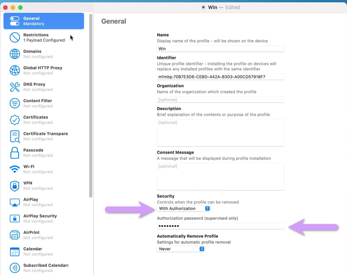the General payload in an Apple Configurator profile, with Security set to With Authorization and an authorization password filled in