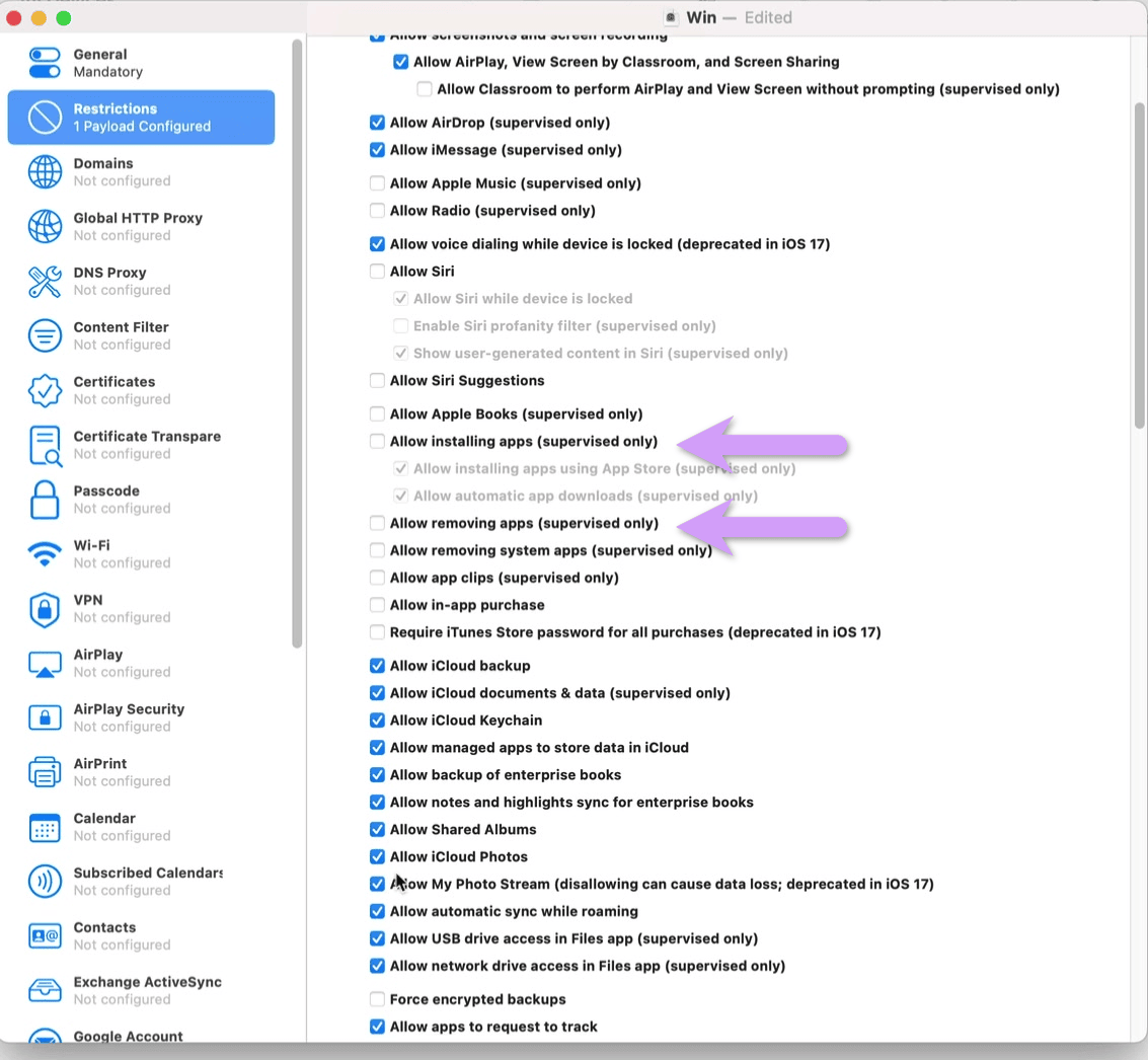 the Restrictions payload in Apple Configurator showing allow removing apps and allow installing apps unchecked
