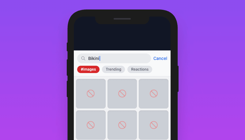 Gertrude blocking explicit results in the #images animated GIF search in the iPhone Messages app
