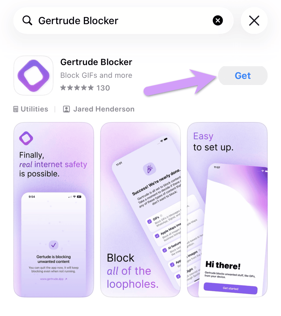 searching the iPhone App Store for the Gertrude Blocker app, with an arrow pointing at the Get button to install it