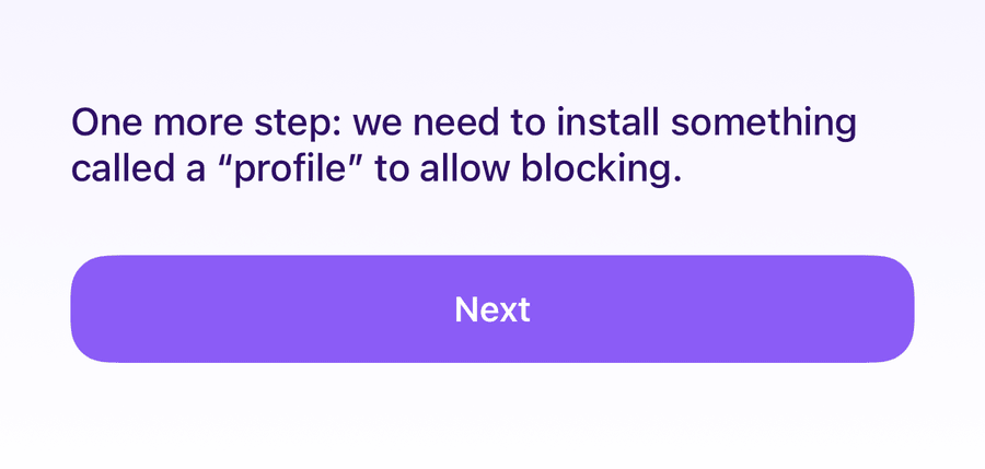 the Gertrude Blocker app explaining that a profile needs to be installed to allow blocking