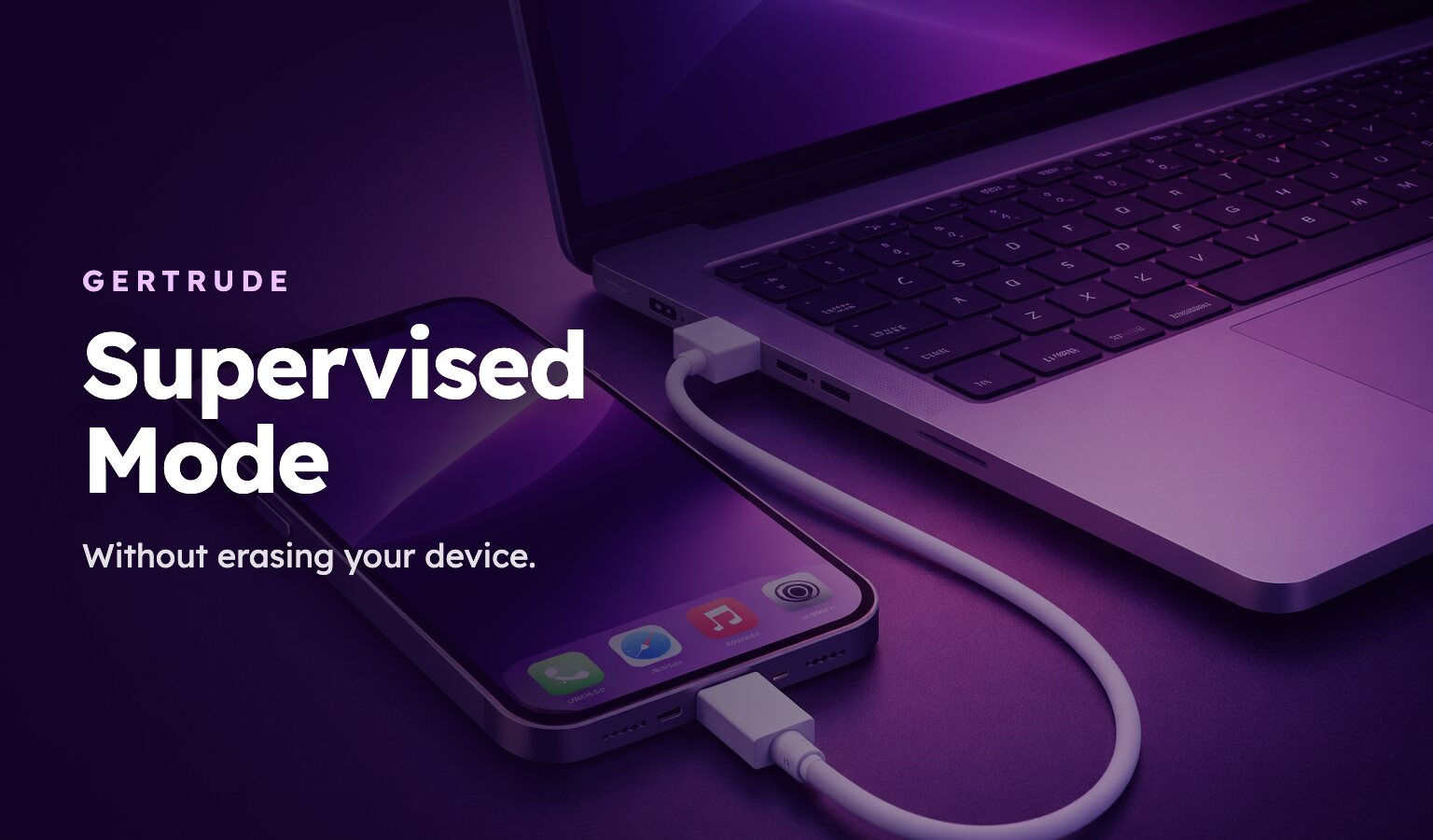 Gertrude Supervised Mode, without erasing your device: an iPhone connected to a computer with a USB cable