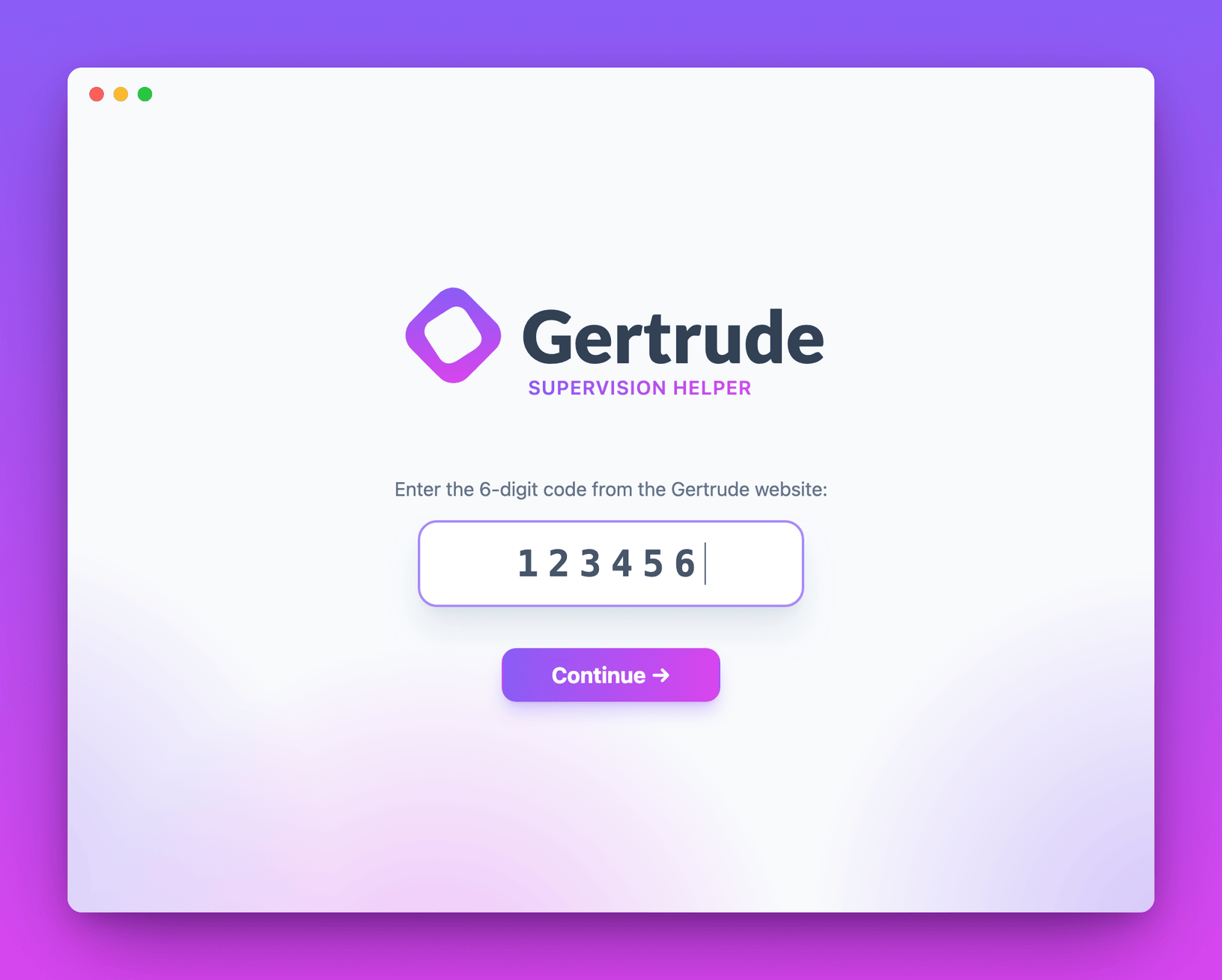 the Gertrude supervision tool asking for the 6-digit code