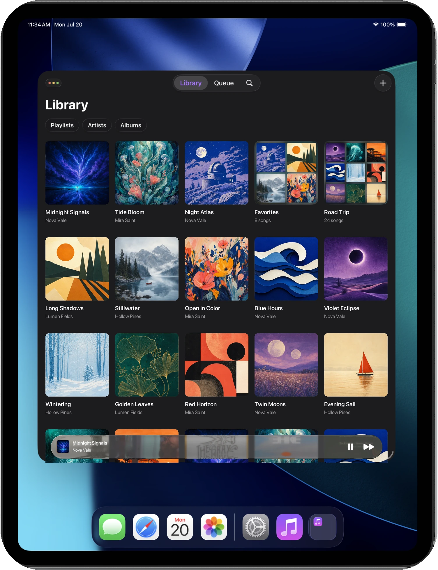 Gertrude Music library on iPad filled with fictional albums and playlists