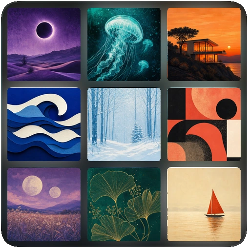 Nine fictional album covers arranged as a three-by-three playlist mosaic
